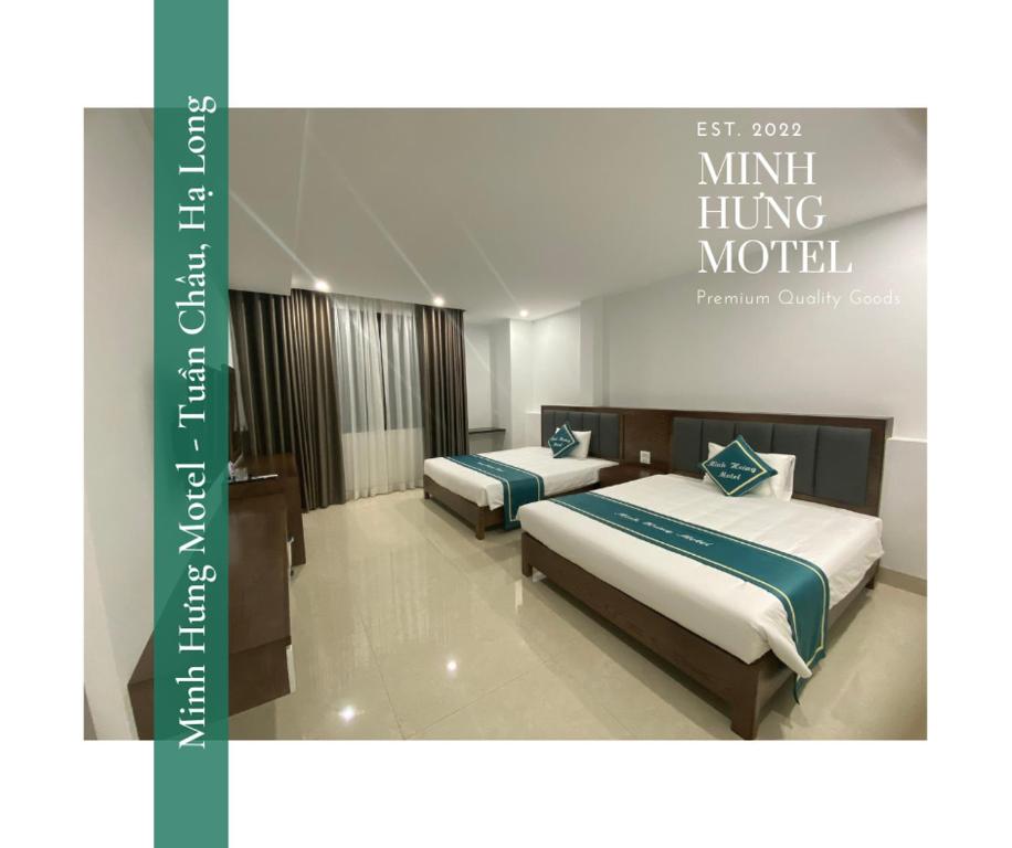 下龙湾Minh Hưng Motel的在酒店房间设有两张床,上面标着要记住雇佣模式