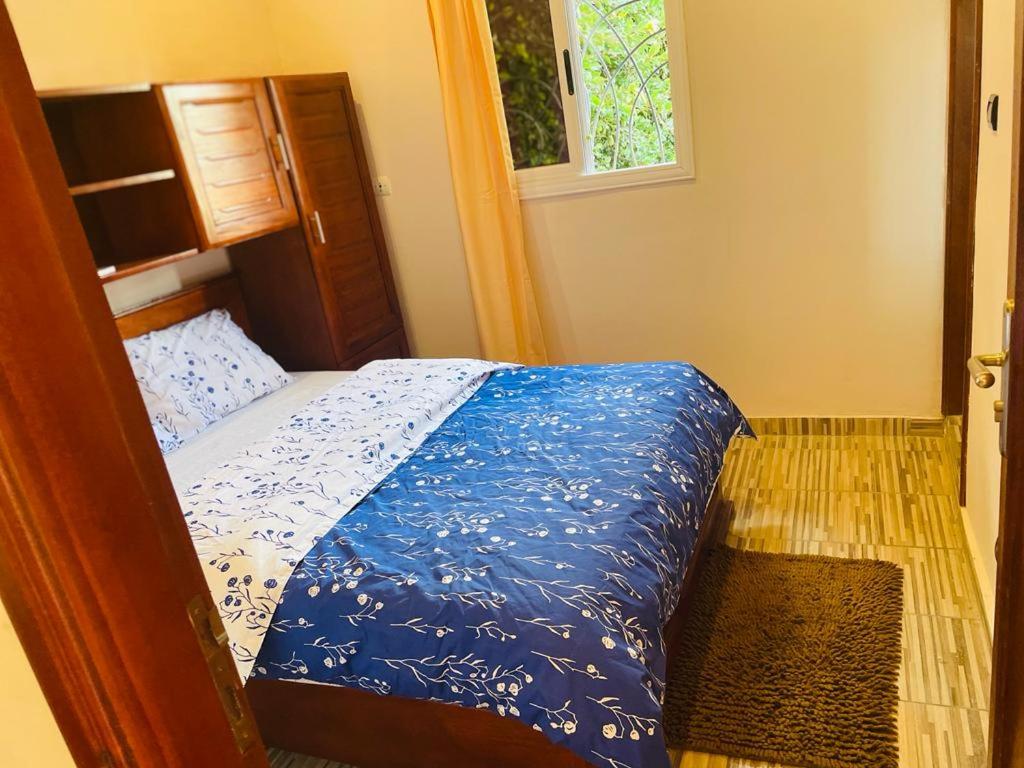 利伯维尔AS Guest House的一间卧室配有一张带蓝色床单的床和一扇窗户。