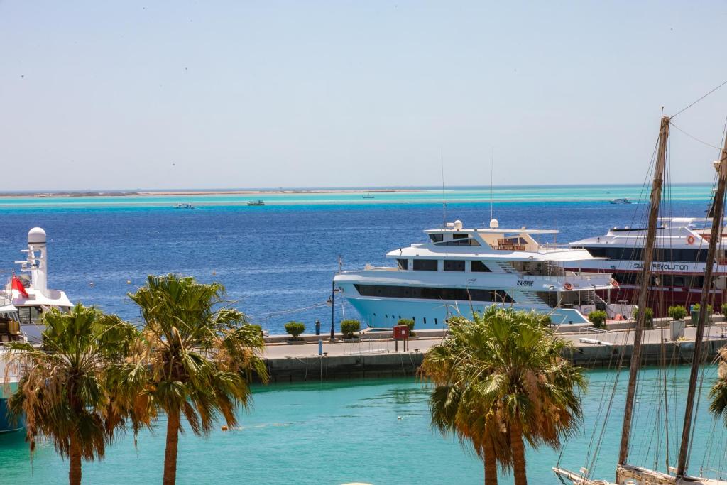 赫尔格达The Bay Hotel Hurghada Marina的两艘船停靠在棕榈树码头