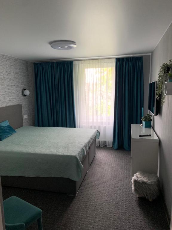 文茨皮尔斯Targaleseta guest house的一间卧室配有床和蓝色窗帘的窗户