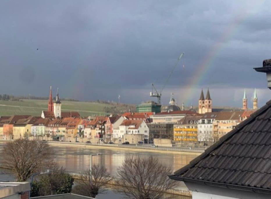 维尔茨堡Wunderschöne Stadtwohnung的享有河流和建筑的城市美景