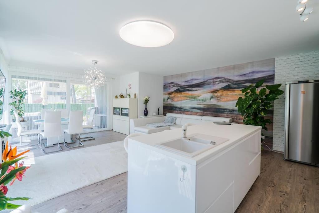桑托德Luxus Partivilla Apartman的一间带水槽的白色厨房和一个客厅