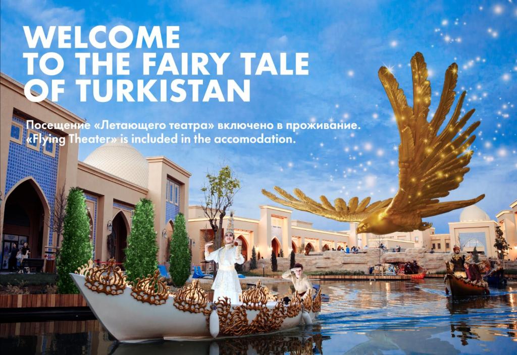 TürkistanKARAVANSARAY Turkistan Hotel - Free FLYING THEATRE Entrance的一张海报,供一个度假胜地的童话故事用