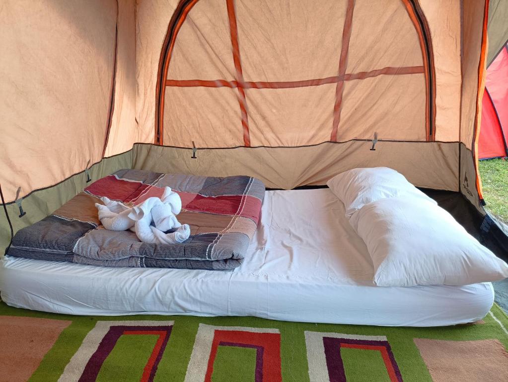 金塔马尼Kintamani Adventure Hidden Lodge的两只泰迪熊躺在帐篷的床上