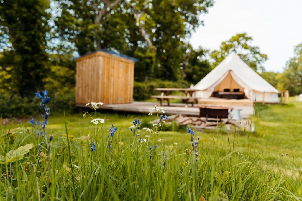 马汉莱斯Cefn Crib Glamping的圆顶帐篷,配有野餐桌和田野花