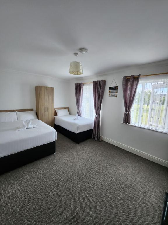 都柏林New room with free minibar&tea&coffee的酒店客房设有两张床和窗户。