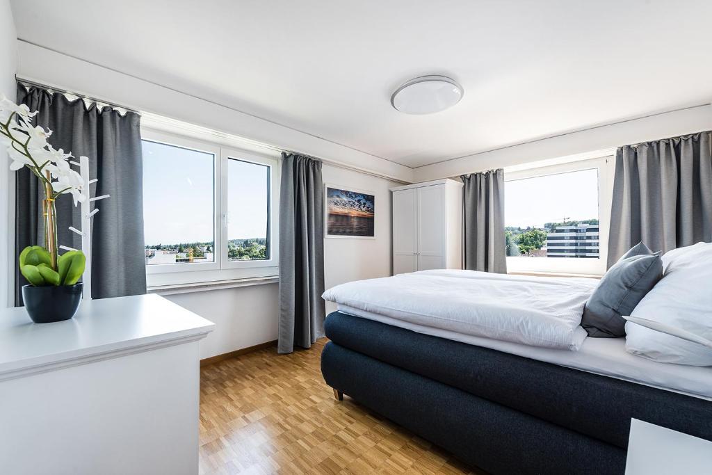 克罗伊茨林根Cooldis 8 !Gratis Parken, Free Parking!的一间卧室设有一张大床和两个窗户。