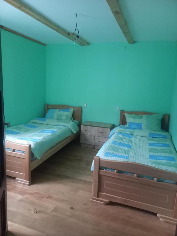 AdishiSesili Guesthouse的蓝色墙壁客房的两张床