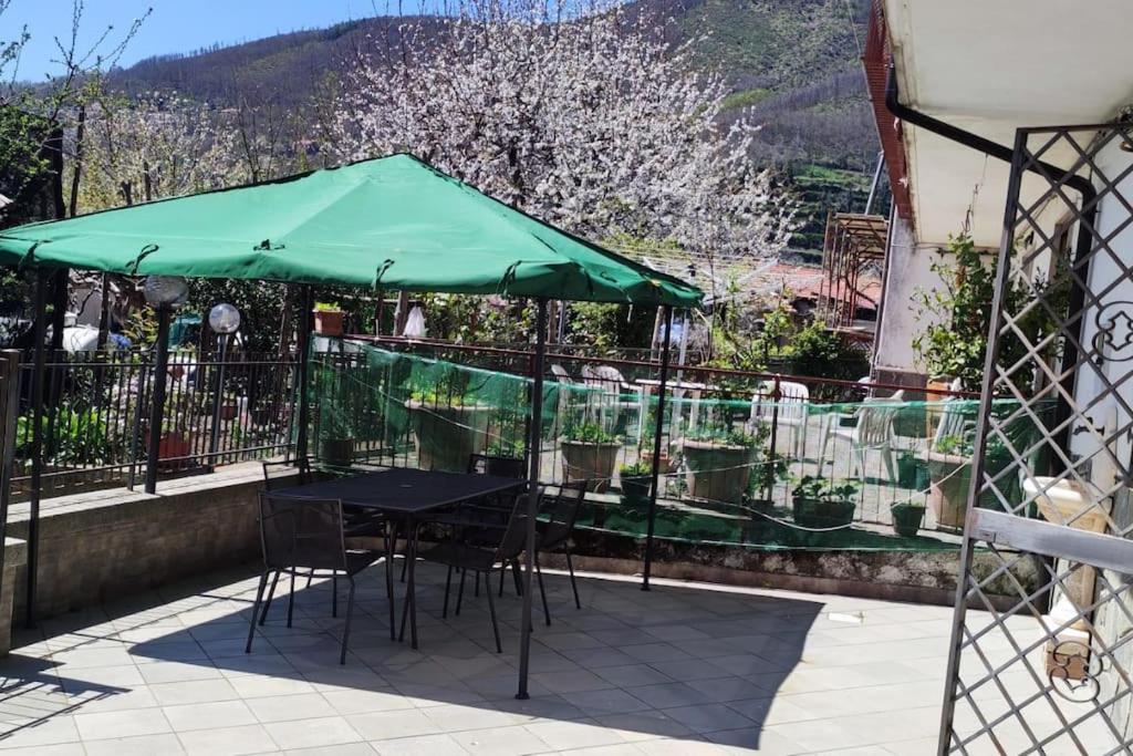 Pianillocasa vacanze “Tra cielo e mare” Agerola的阳台的绿色遮阳伞下的桌椅
