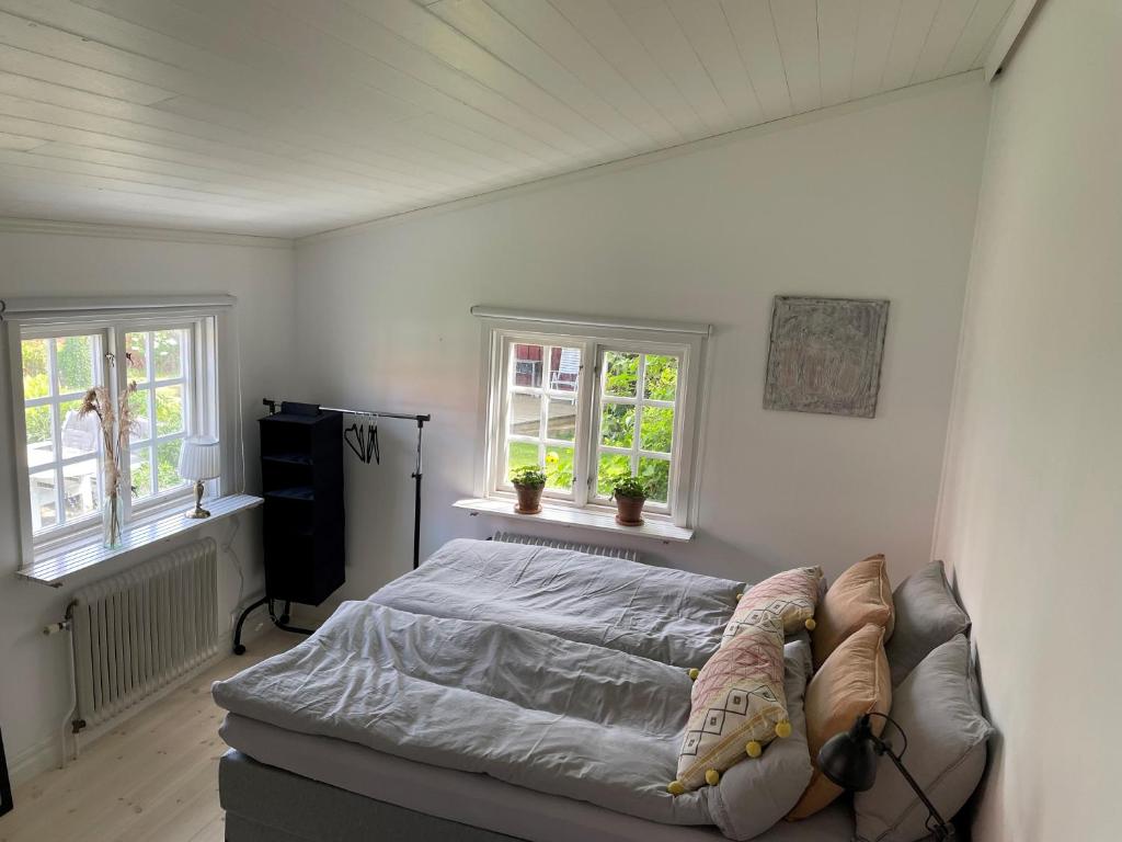 法尔肯贝里Charmigt boende med perfekt läge i Gamla Stan的一间卧室设有一张床和两个窗户。
