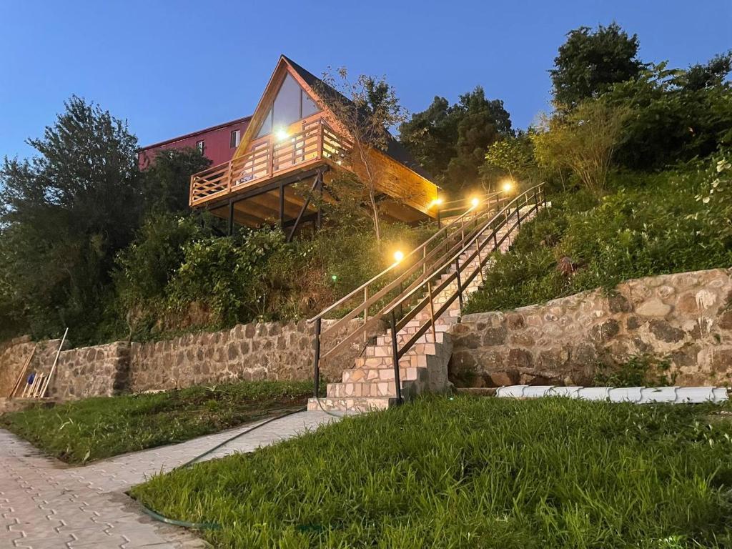 巴统Beautiful Wooden house with seaside views的山顶上带楼梯的木屋