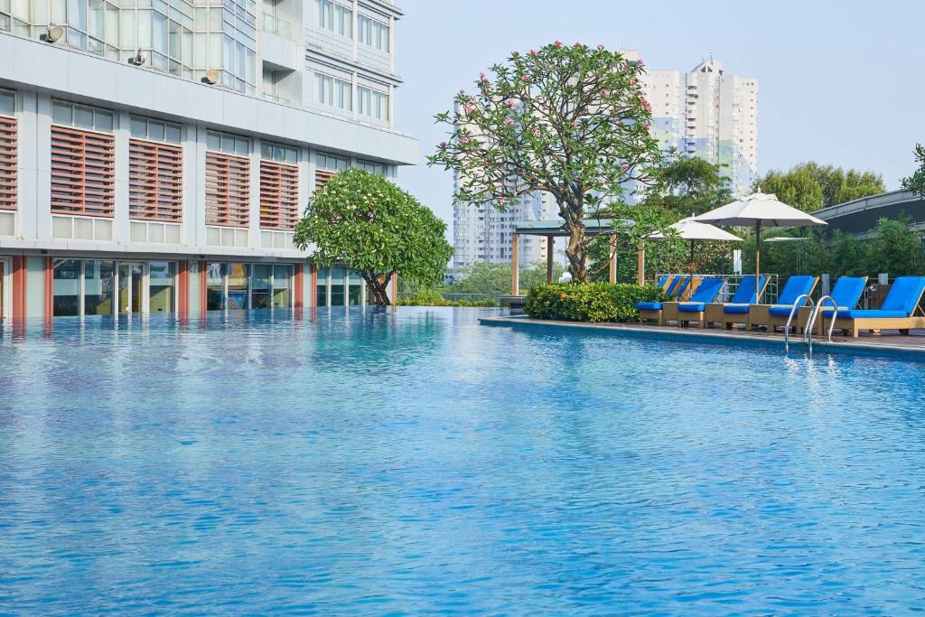 深圳The Westin Shenzhen Nanshan的一座带蓝色椅子的游泳池和一座建筑