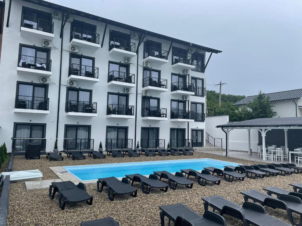 埃尔埃尼塔Pensiunea Nobless Eșelnița的酒店拥有游泳池和躺椅