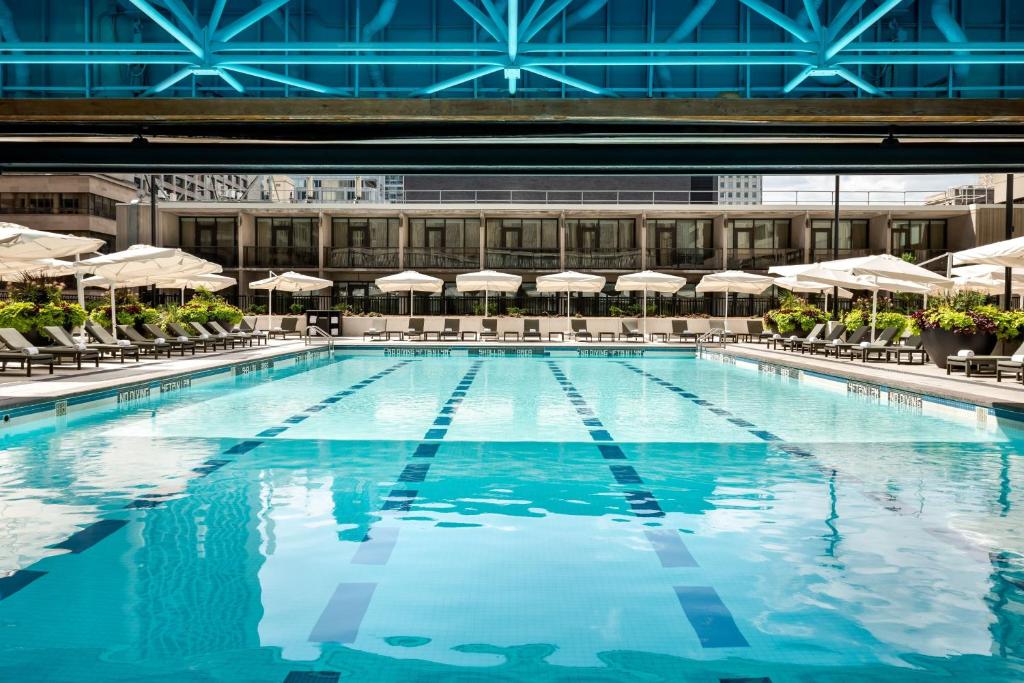 多伦多喜来登多伦多市中心酒店的一个带椅子和遮阳伞的大型游泳池