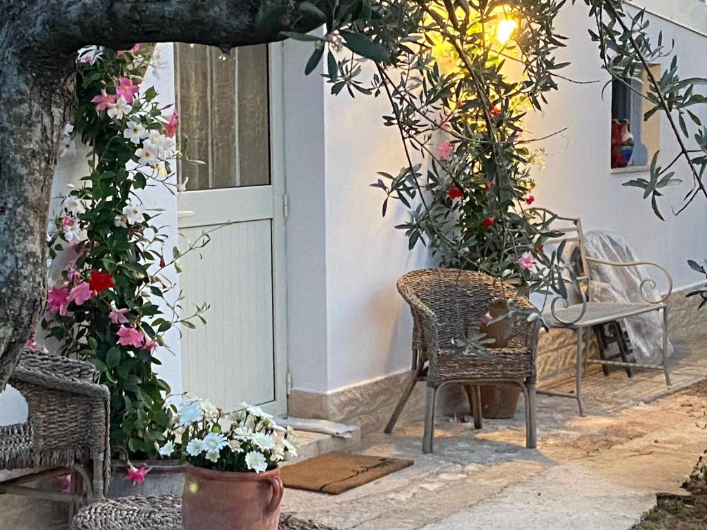拉古萨码头Rifugio tra gli ulivi的鲜花和椅子房子的前门
