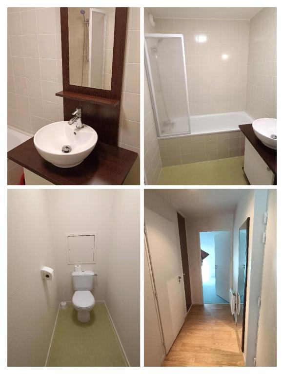 莱代塞尔Appartement Le Montagnard的四张带水槽和卫生间的浴室的照片