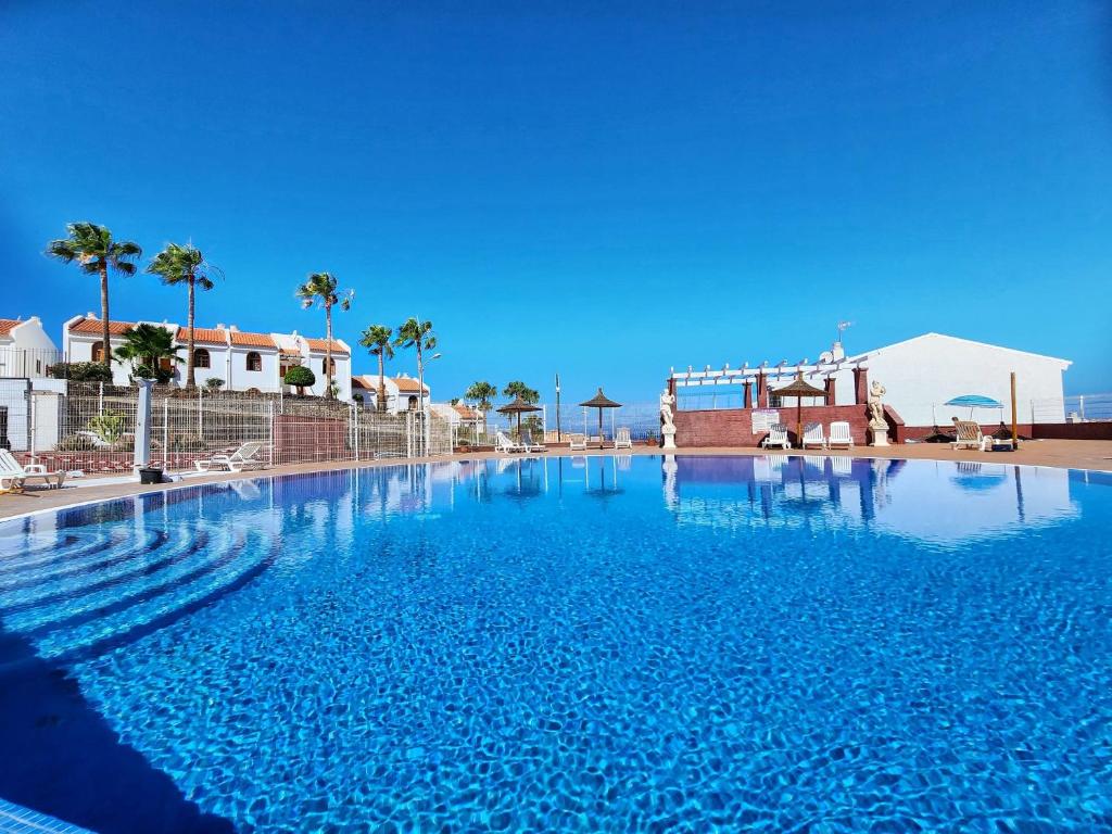 阿德耶Ocean View Villas Canarias的一座拥有蓝色海水和棕榈树的大型游泳池