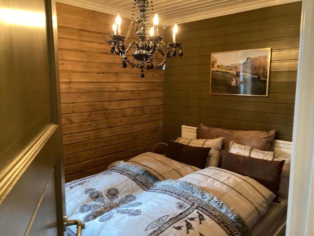 TyinkryssetBo lunt og koselig på Filefjell的一间卧室配有一张床和一个吊灯
