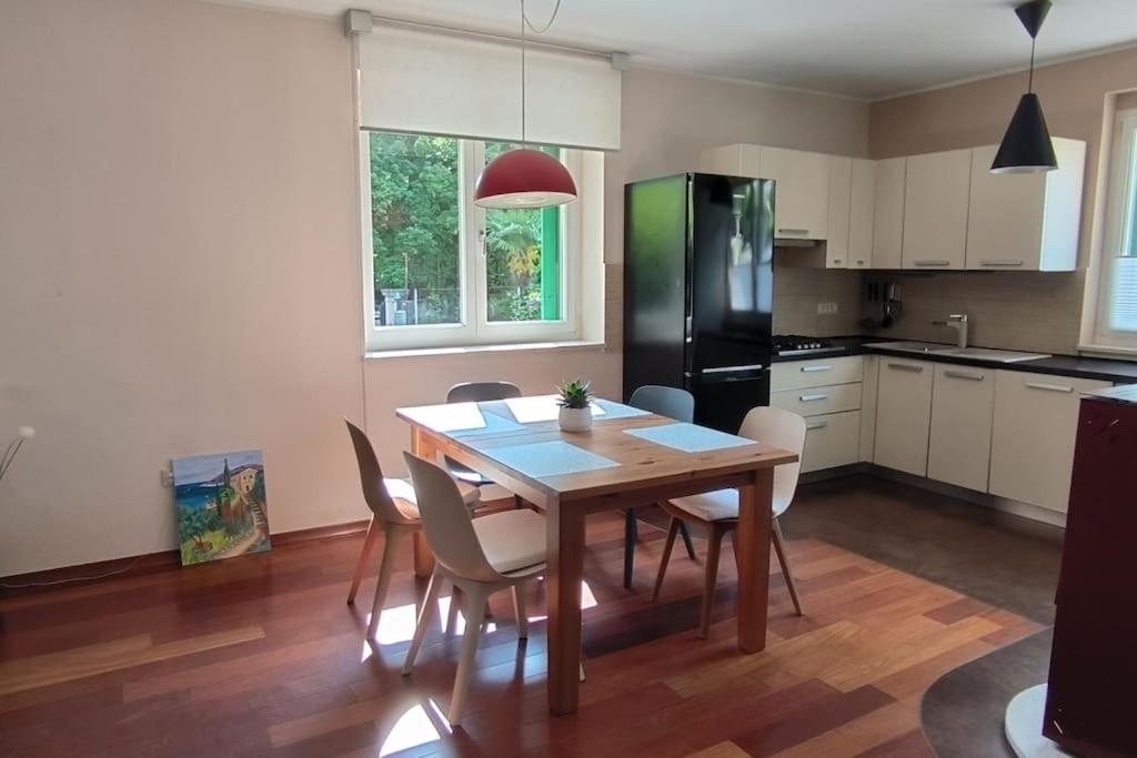 洛夫兰Apartman Sonja的厨房配有木桌、椅子和冰箱