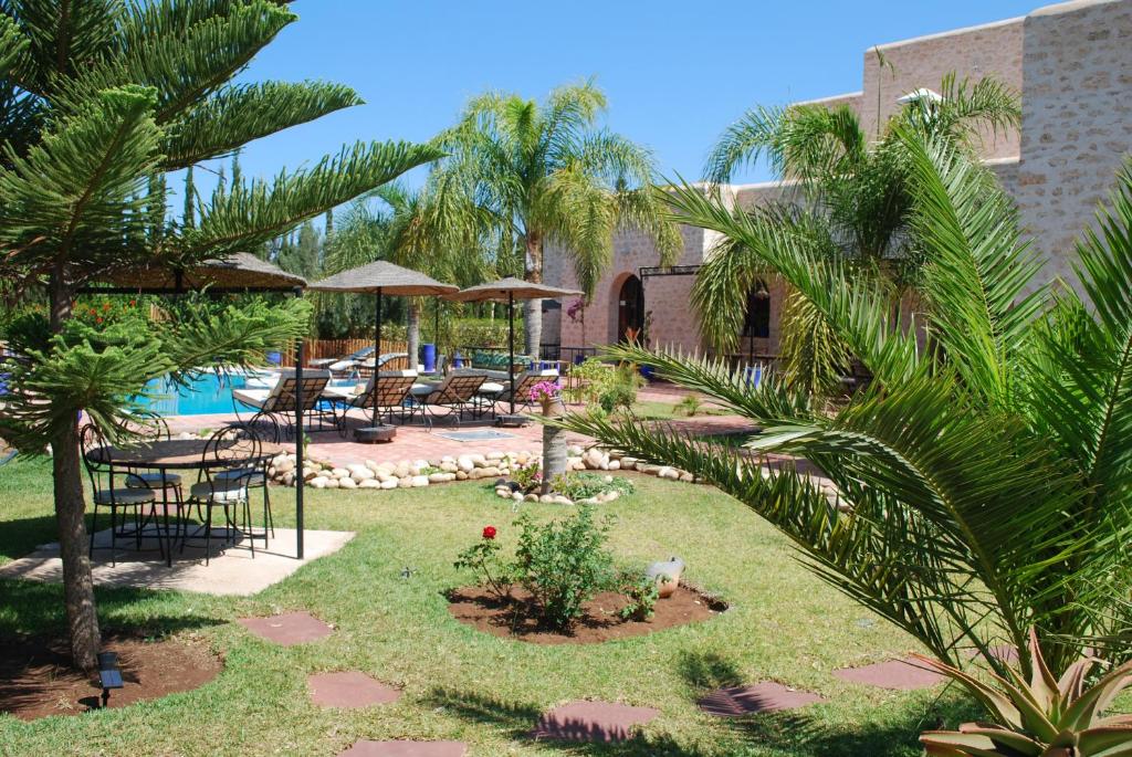索维拉Riad Titima Essaouira的一个带游泳池、椅子和棕榈树的度假村