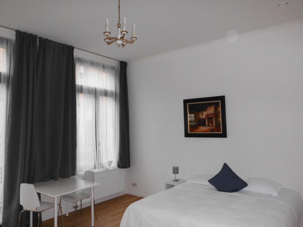 布鲁塞尔迷笛公寓酒店的一间卧室配有一张床、一张书桌和一个窗户。