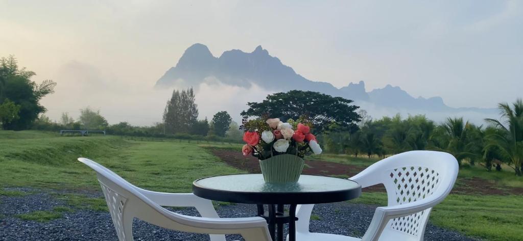 Ban Nong Tumไร่วิวทิวเขา ลานกางเต็นท์ ฟาร์มสเตย์的一张桌子和椅子,上面有花瓶