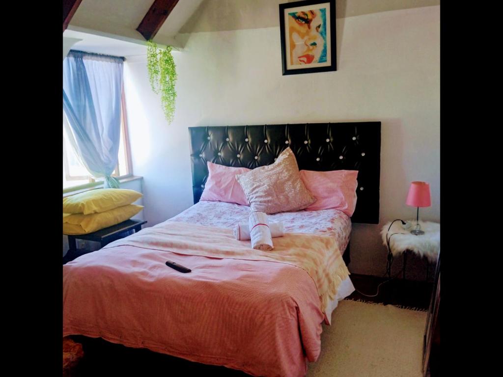 开普敦Zagorski bed and breakfast的一间卧室配有一张带粉红色床单的大床