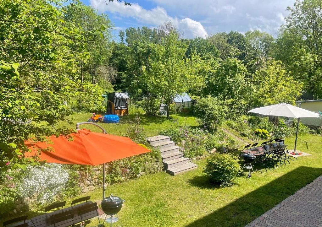 萨加尔德Ferienhaus-Fiete的花园内种有橘子伞、长椅和树木