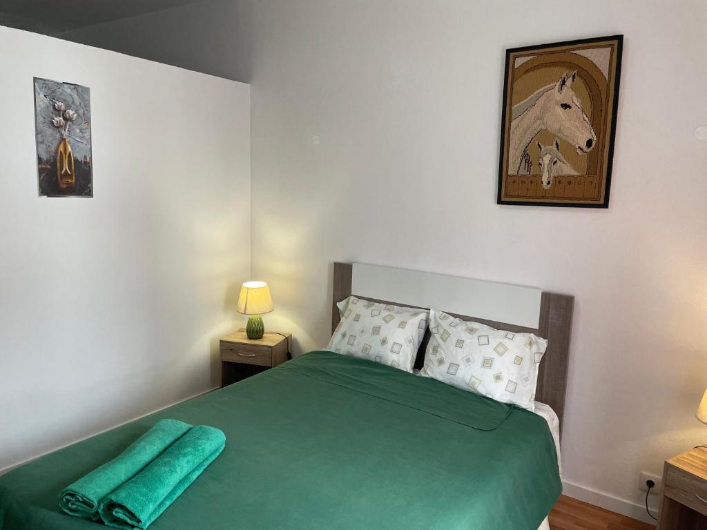 蓬塔德尔加达Espaço perto do aeroporto - Av João Paulo II , número 50 em Ponta Delgada的一间卧室配有一张带两盏灯和一张马术画的绿床。