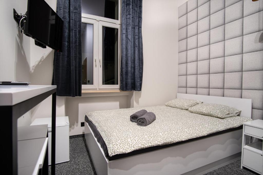 罗兹Dream Aparts - Narutowicza 24 FILHARMONIA的一间小卧室,配有床和窗户