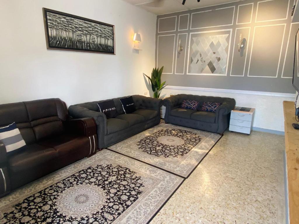 芙蓉MARIDA HOMESTAY MusIim Only的客厅配有真皮沙发和地毯。