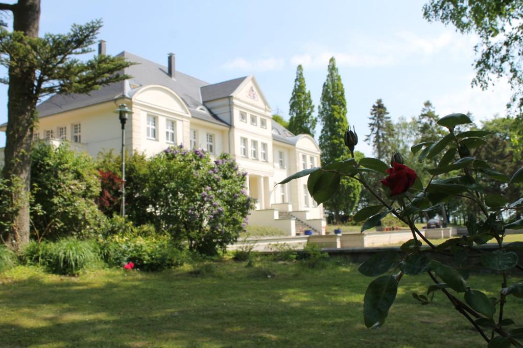 克勒珀林Schloß Wichmannsdorf的院子里有红花的大白色房子