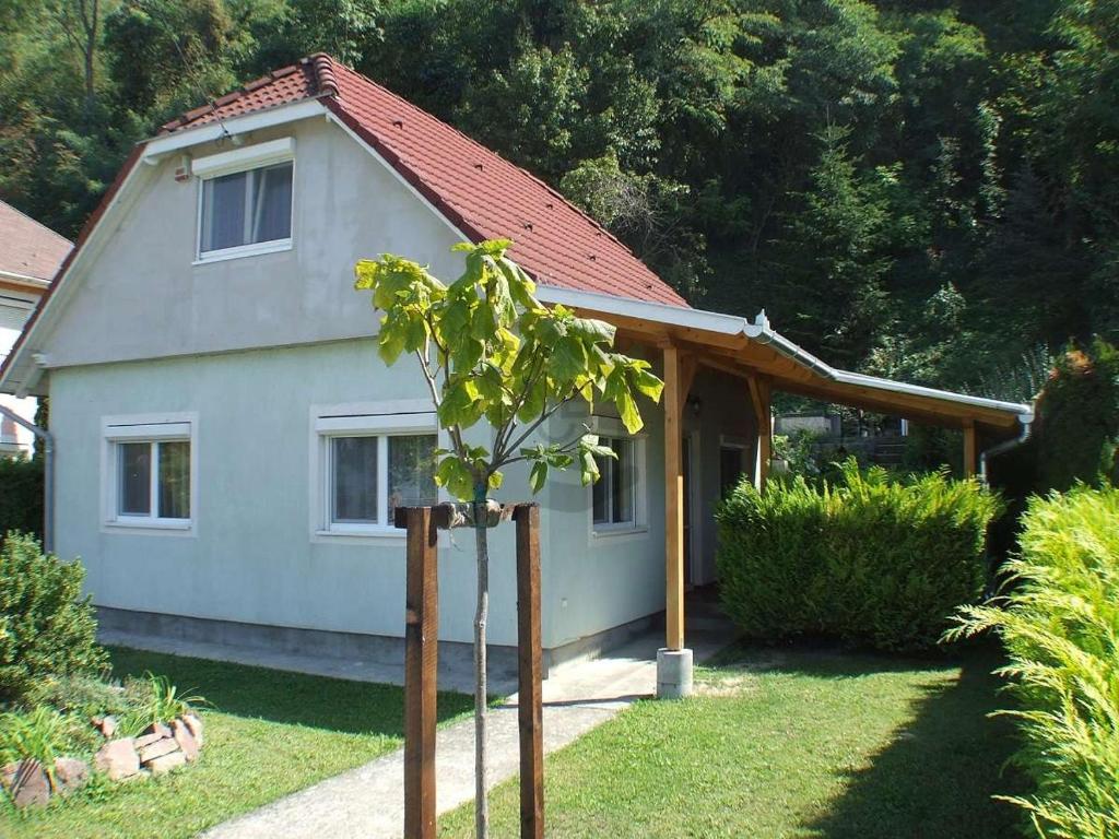 福纽德Vízparti nyaraló的一间白色的小房子,有红色的屋顶