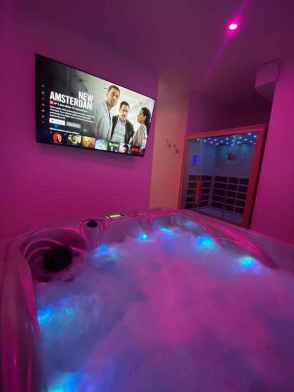 鲁昂Eaux Spa的一间设有浴缸的客房,墙上配有电视