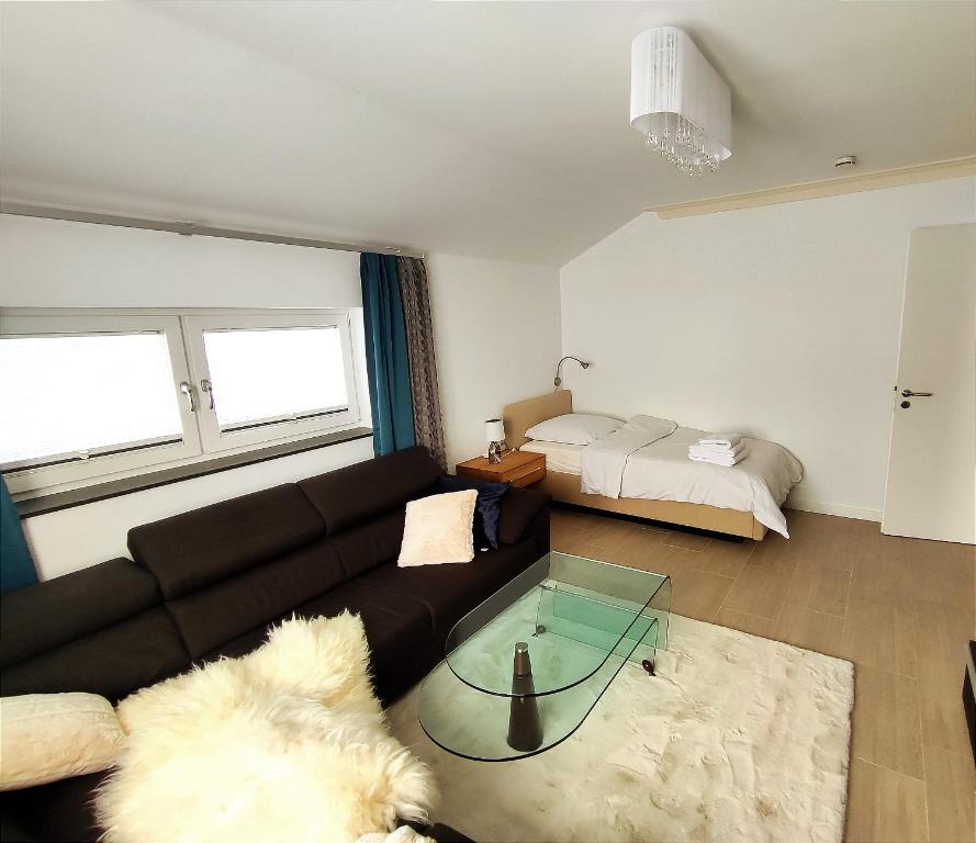 兰河畔马尔堡Komfortzone - stilvolle Gästewohnung in Marburg的客厅配有沙发和1张床