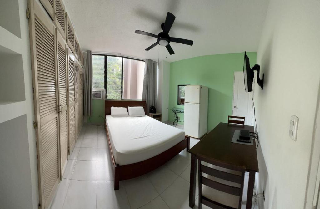 巴拿马城Habitación amplia con baño privado en Apartamento familiar的一间卧室配有一张床、一张桌子和吊扇