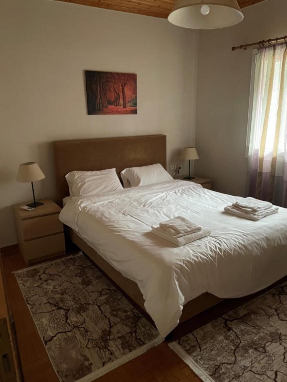 蒂米萨那Thanasis house的卧室配有一张带白色床单和枕头的大床。