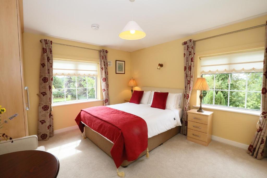 Dún LuáinBlackrath Farmhouse的一间卧室设有一张床和两个窗户。