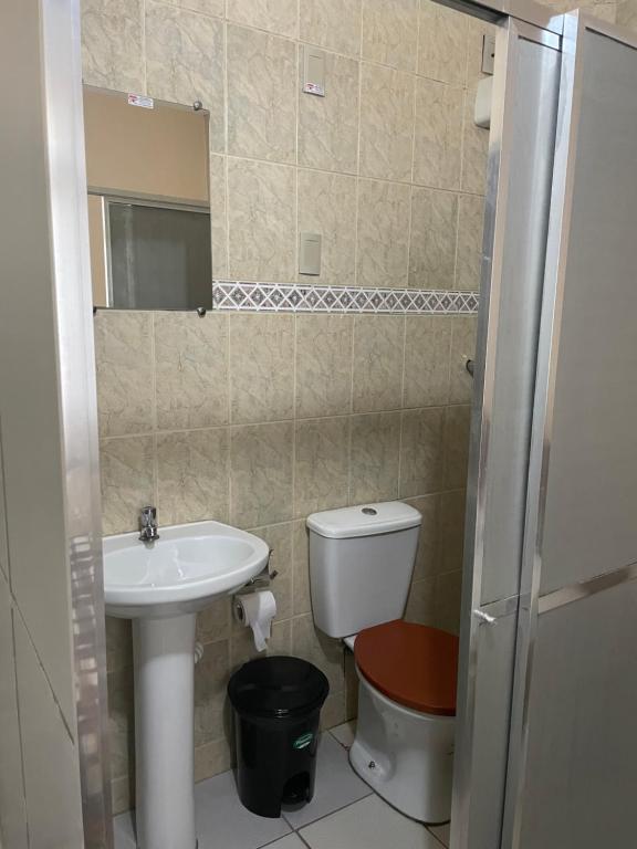 欧鲁普雷图Pousada Zacarias的一间带水槽、卫生间和镜子的浴室