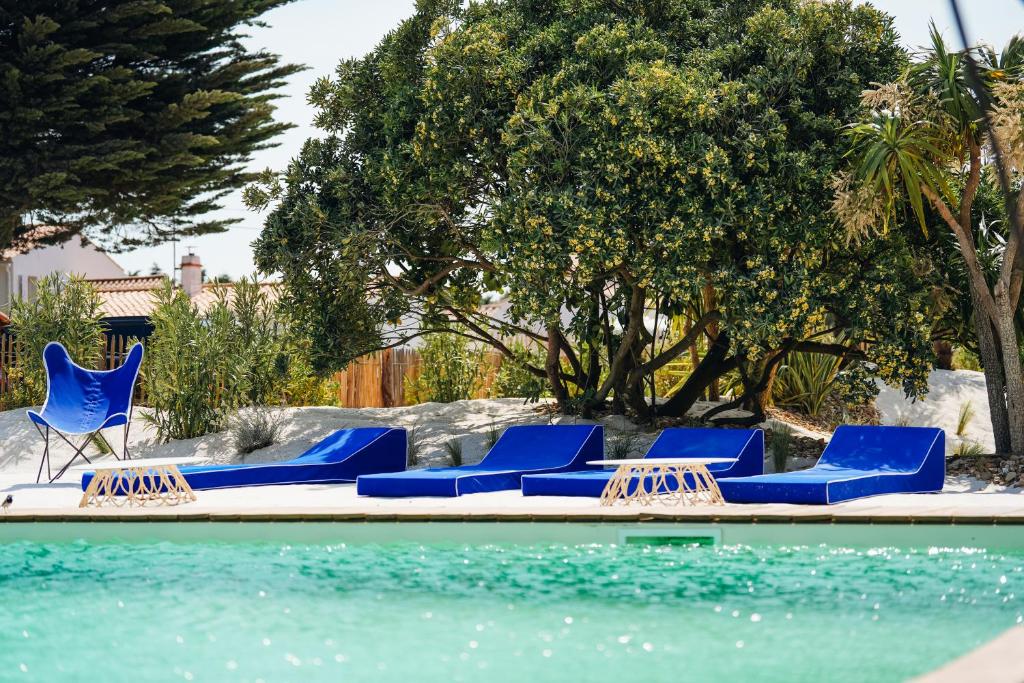 巴尔巴特尔Hôtel Le Noirmoutier的一组蓝色的躺椅,位于游泳池旁