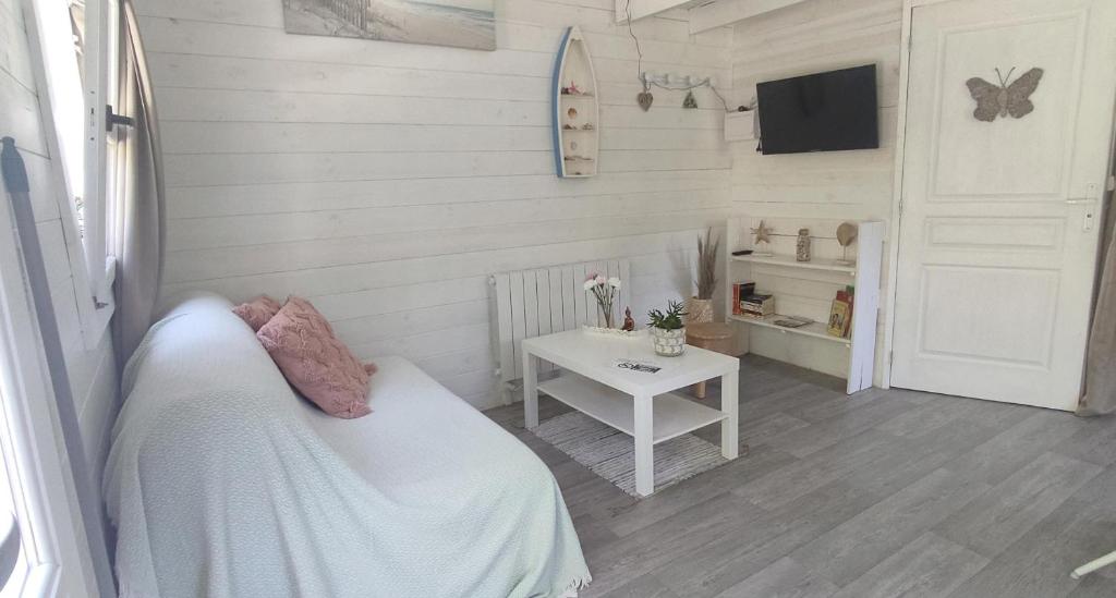 普卢伊内克Chalet cosy, plages à pieds. Morbihan.的一间卧室配有一张床、一张桌子和一台电视。