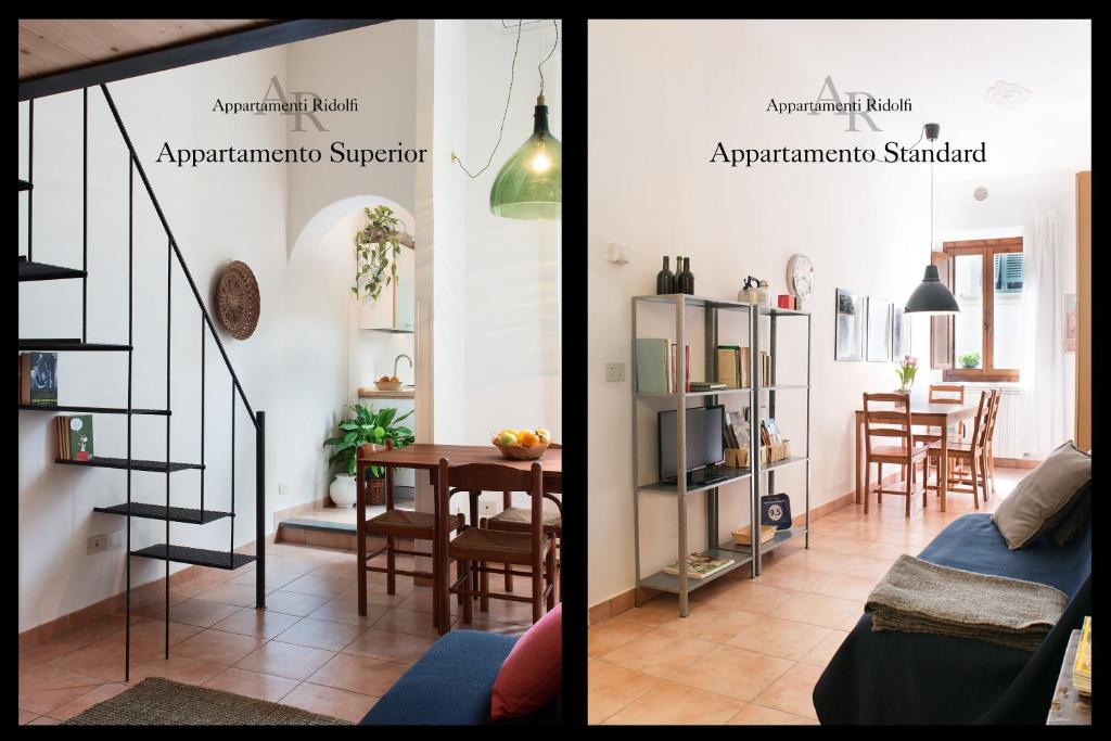 恩波利Appartamenti Ridolfi的客厅和配有螺旋楼梯的公寓的两张照片