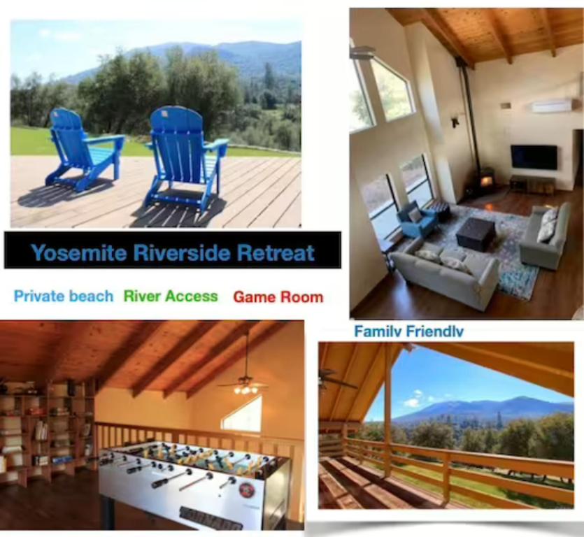 奥克赫斯特Yosemite Riverside Retreat with small beach access and air conditioning的房屋四张照片的拼贴