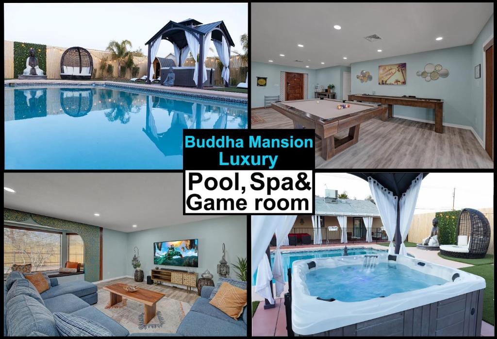 拉斯维加斯Buddha Mansion Luxury Resort - 8BR Modern, HotTub, Huge pool, Sauna, BBQ grill, Game Room的游泳池和房子的照片拼凑而成