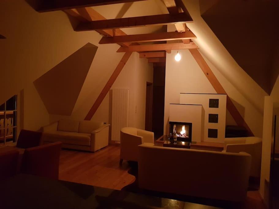 SchwanbergChalet-Südsteiermark - traumhafte Aussicht, Infinity Pool, Privatsphäre, Klima und de-luxe Ausstattung的带沙发和壁炉的客厅