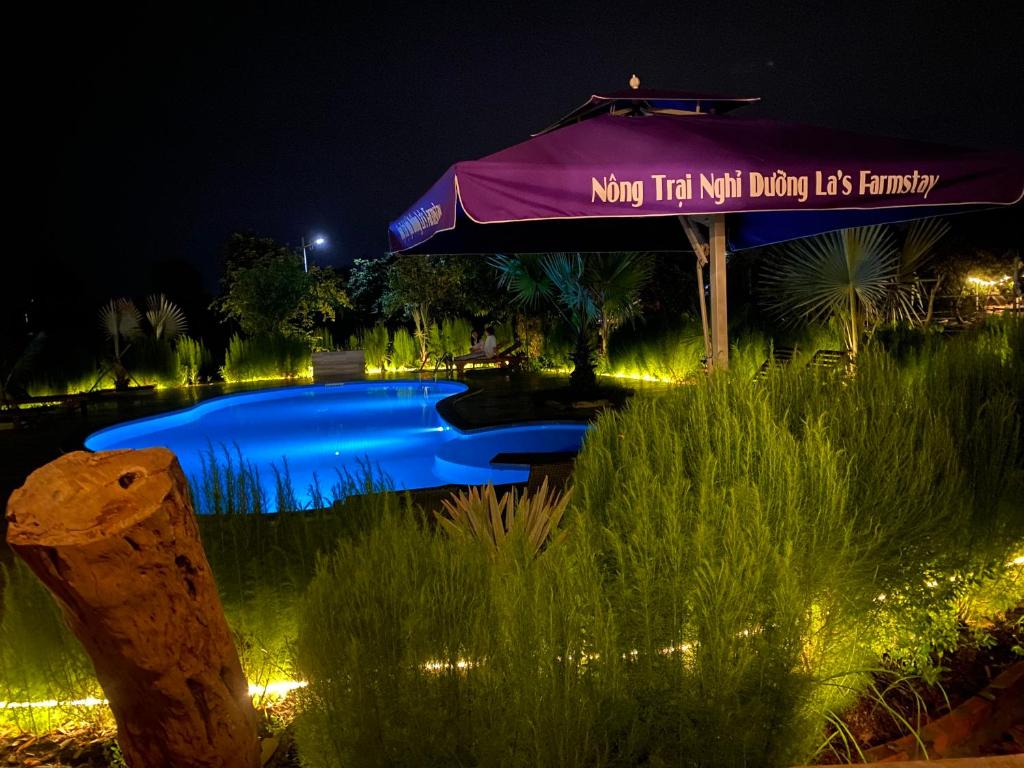Tây NinhLA'S FARMSTAY的游泳池(晚上带紫色雨伞)