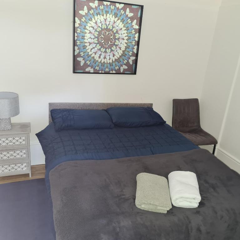 特伦特河畔伯顿Cozy apartment in Burton town centre的一间卧室配有蓝色的床和两个枕头