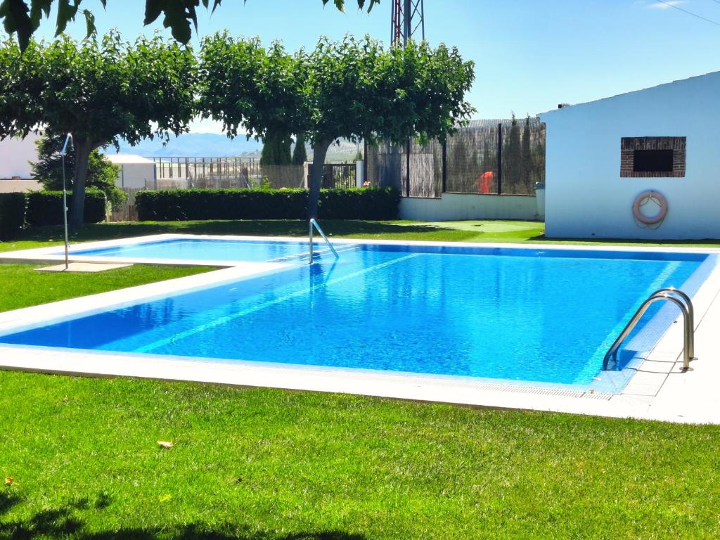 卢克Casa Rural Vistaverde的草地庭院中的蓝色游泳池