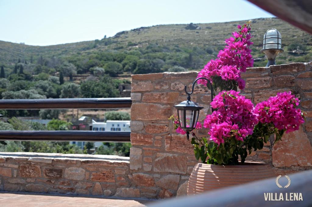 巴特斯欧VILLA LENA - ΑΝΔΡΟΣ的墙上一篮粉红色的鲜花,挂着一盏灯
