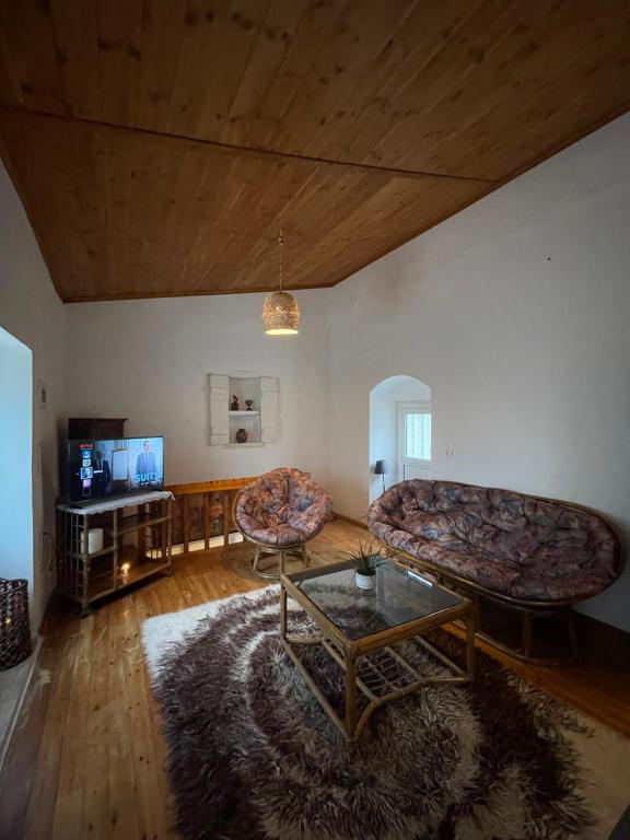 VasilikíLoft for travellers的客厅配有两张沙发和一张桌子